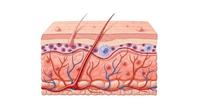 Cross-section of human skin showing layers hair follicle and blood vessels.