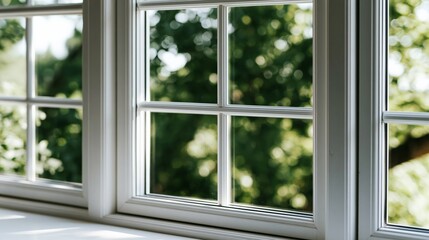 Fototapeta premium White window frame offering green natural view, bright daylight illuminating tranquil indoor space