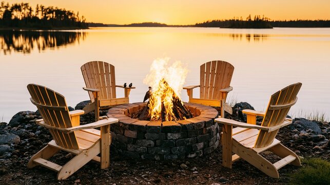 Four Adirondack chairs arranged around a warm fire pit on a lake shore, reflecting the golden sunset sky