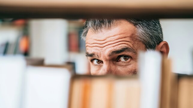 Man peeking over books, eyes showing curiosity and intelligence, looking sideways, thinking, knowledge search