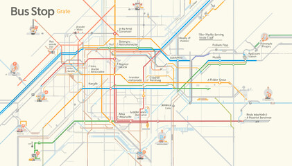 Obraz premium Intricate diagrammatic map illustrating a city's public bus and metro transport network with various routes and stops clearly marked for navigation.