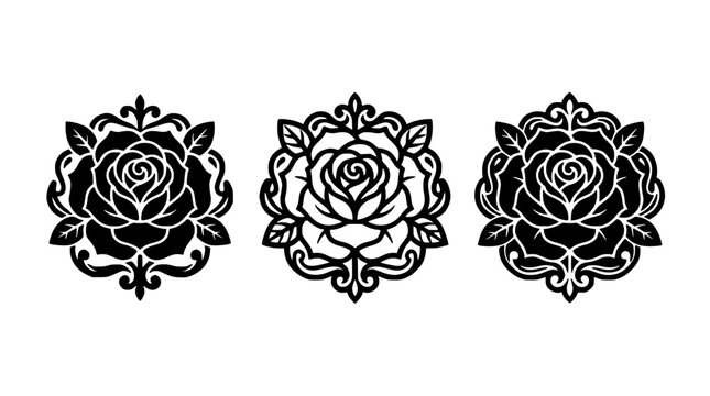 Roses Arranged in Intricate Floral Designs with Decorative Leaves and Swirls Featuring Rose, Design, Pattern with Black and White