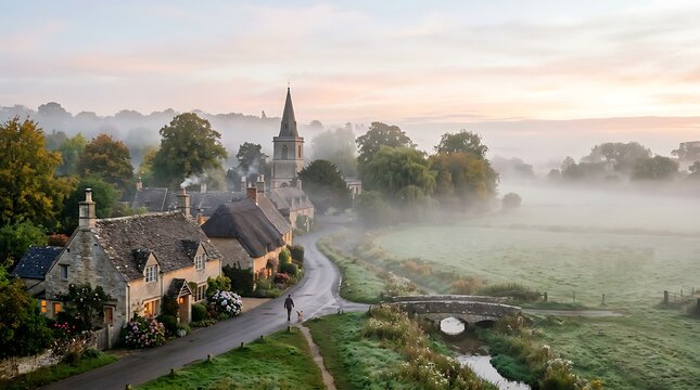 Picturesque English Village with Stone Cottages and Church Spire Under a Misty Sunrise in Cotswolds