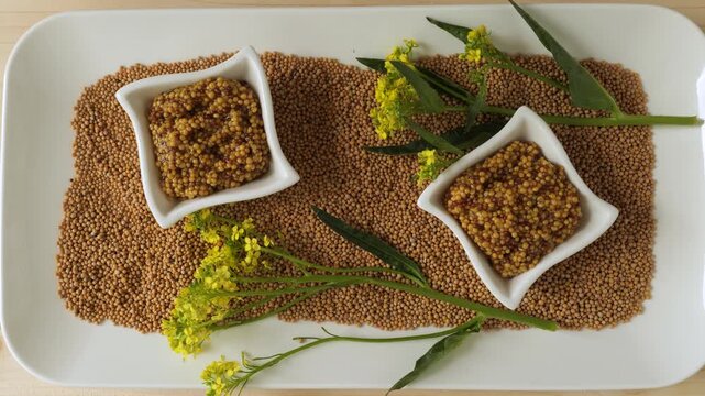 Grainy mustard sauce with seeds and flowers