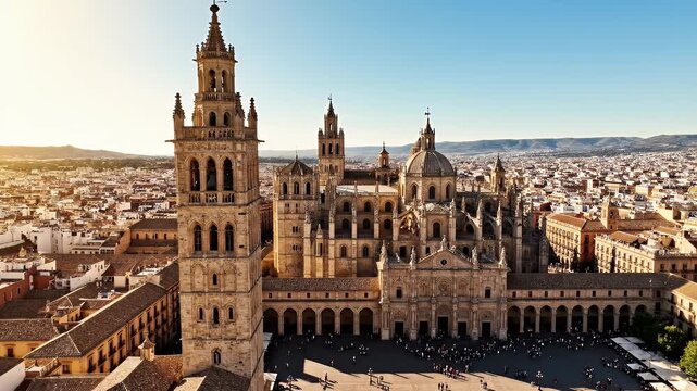 Panoramic aerial view of a grand cathedral complex in a Spanish city.