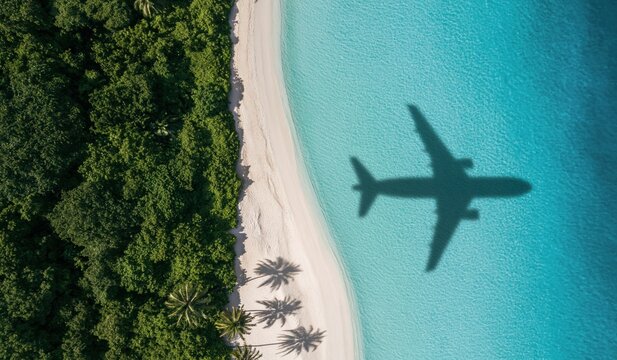 Airplane silhouette and plane shadow over a tropical island beach aerial drone