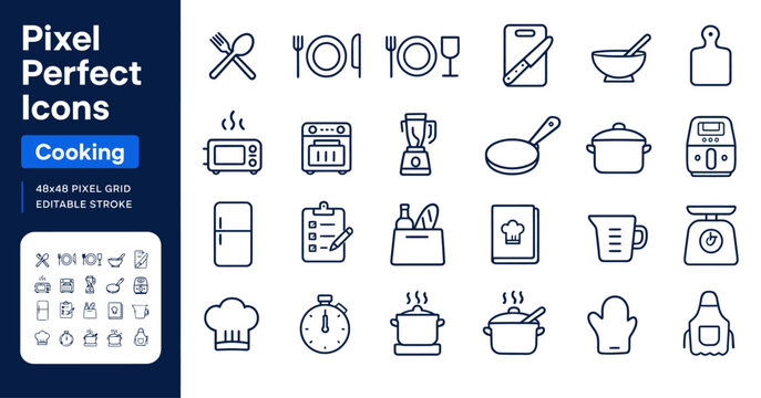 Pixel perfect cooking icons set editable stroke 48x48 grid