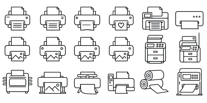 Collection of various printer icons in line art style