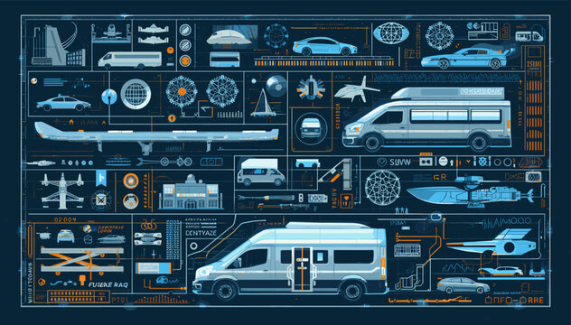 Intricate pixel art blueprint showcasing a diverse array of vehicles, including vans, cars, aircraft, and boats, alongside various mechanical and electronic components.