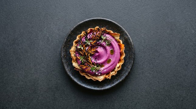 Overhead flat lay of a gourmet zero waste vegetable tartlet with vibrant purple beet emulsion on a dark concrete background