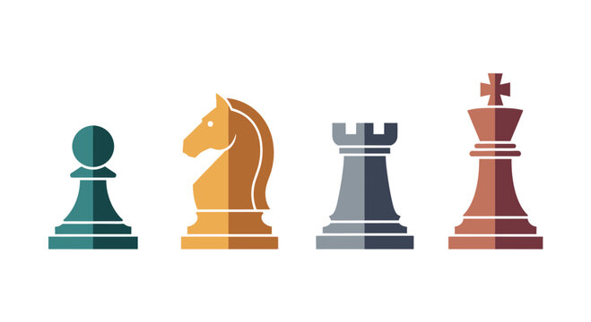 Colorful Chess Pieces: Pawn, Knight, Rook, King Isolated on White Background