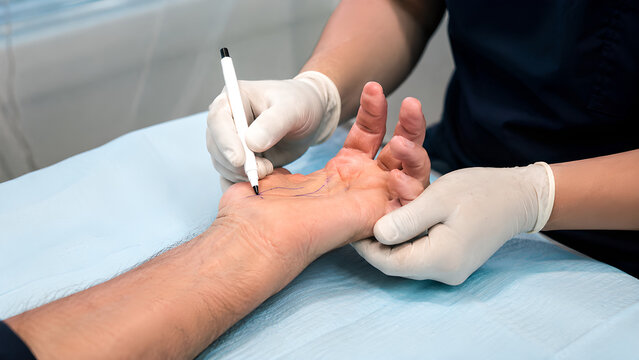 Dupuytren contracture palm treatment clinical procedure photo showing nodular hand cord, flexed fingers, and gloved clinician examination for medical education and patient care communication