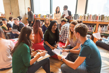 Students collaborating in library setting.