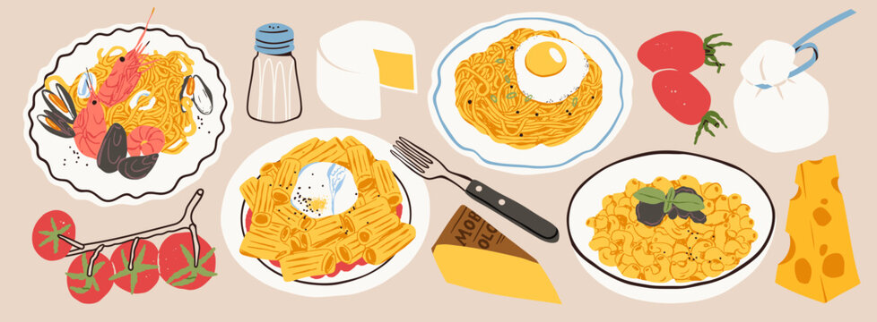 Set of various plates of Pasta, Cheese. Different types, shapes. Pasta with egg, burrata, sea food, truffle. Hand drawn trendy Vector illustration. Isolated design elements. Cafe, restaurant concept