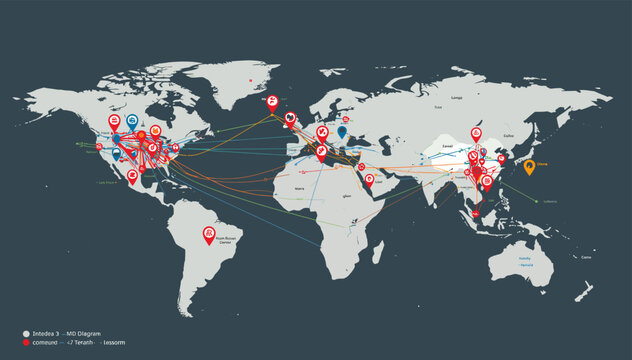 A global map visualizing interconnected data points and network activity across continents, highlighting potential cyber threats or data flows.