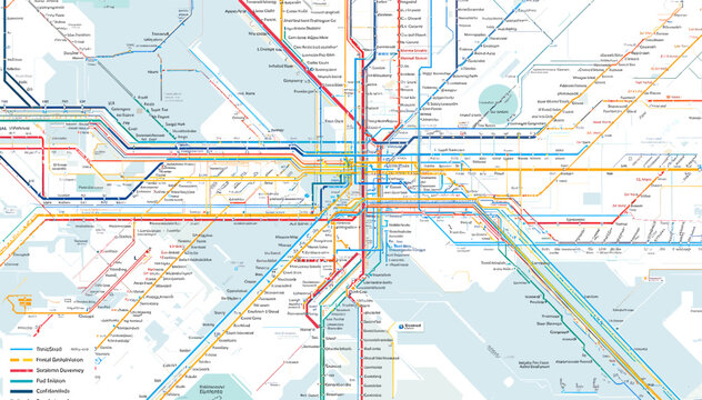 Detailed schematic map illustrating an extensive urban public transportation network with multiple subway, metro, and train lines and station interchanges.