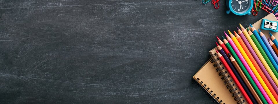 Pencils and colorful notebooks on a rustic chalkboard for back to school education