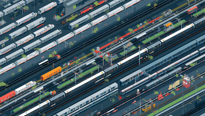 Detailed isometric illustration of a bustling train yard with multiple tracks and various types of trains, showing a complex railway network. © cemoro
