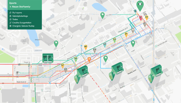 A digital map displaying multiple public transport routes, parking locations, and various points of interest with a green navigation menu.