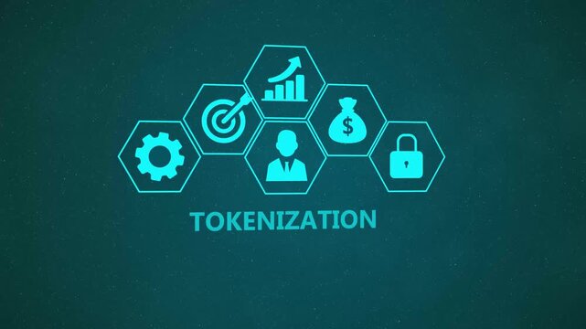 Tokenization Technology Infographic Animation with Digital Security Icons and Enterprise Blockchain Network on Dark Background 4k visuals