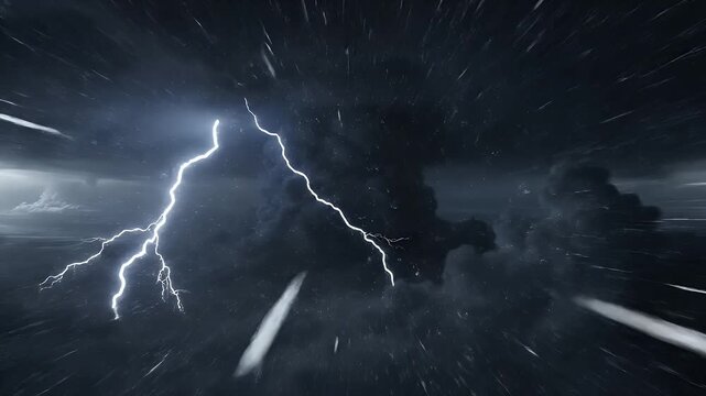 A dramatic bolt of lightning strikes through a stormy sky with heavy rain.