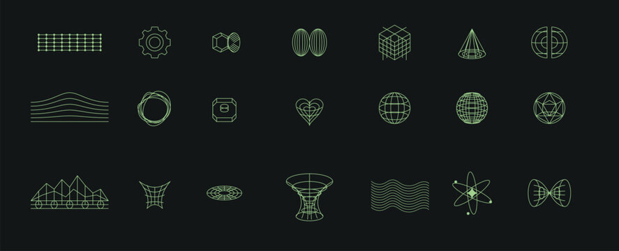 Comprehensive collection of green fine wireframe matrix icons including grids spheres waves and geometric shapes on a black backdrop.