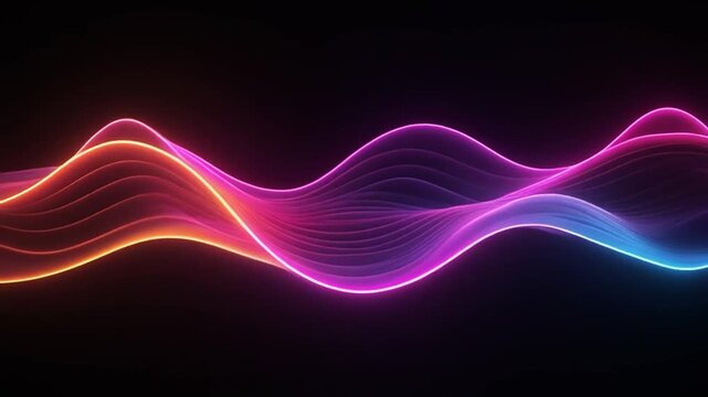 Video. Abstract background, neon waves on a black background. AI generative. The video shows neon waves moving on a black background. Background for advertising.