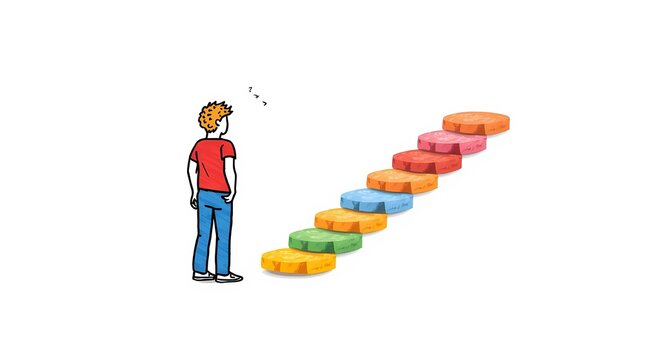 Colorful flat vector illustration of a hesitant person choosing between multiple stepping stones, symbolizing uncertainty, decision making, and self-doubt in a playful hand-drawn doodle style on a cle