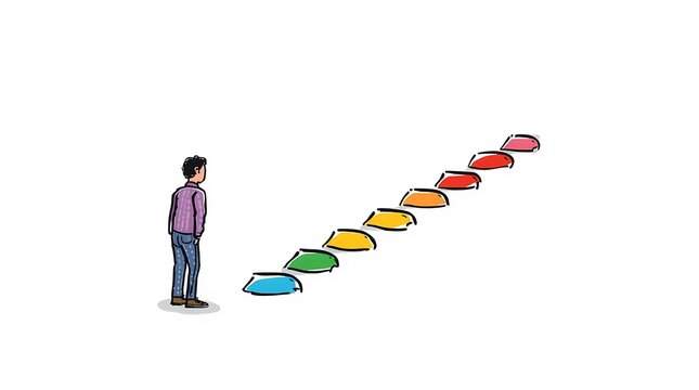 Colorful flat vector illustration of a hesitant person choosing between multiple stepping stones, symbolizing uncertainty, decision making, and self-doubt in a playful hand-drawn doodle style on a cle