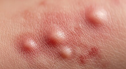 Fototapeta premium Close-up of skin with multiple red, inflamed bumps and whiteheads, indicating an acne breakout or similar skin condition.