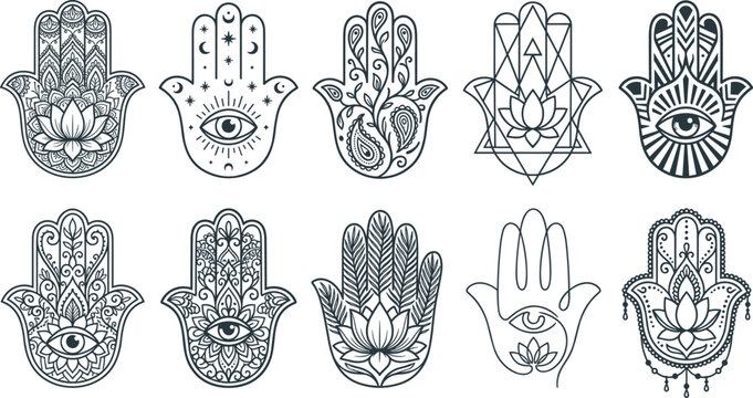 Hamsa Hand Icon Set Featuring Mystic Evil Eye Lotus Flower Geometric Line Art Paisley and Spiritual Protection Symbols Vector Line Illustration