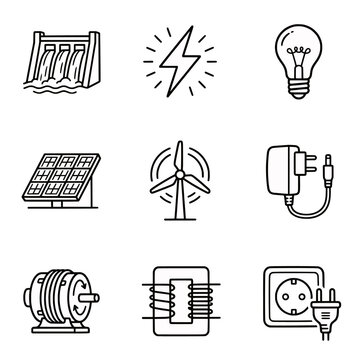 Black and white green energy symbols icons lightning bolt, solar power, wind turbine, light bub
