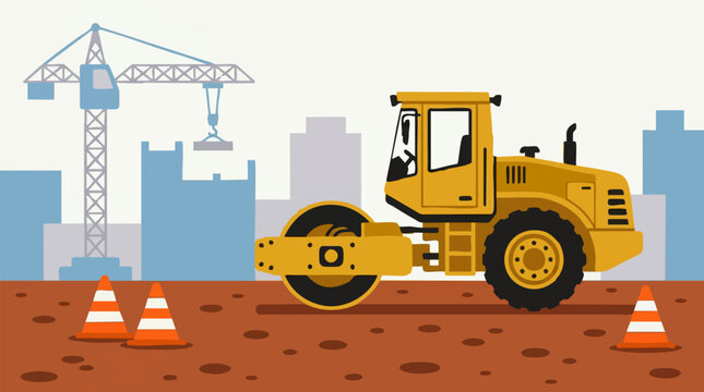 Construction site with road roller, tower crane, and traffic cones