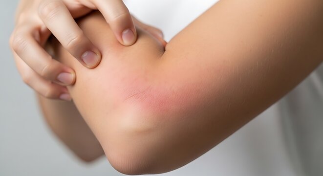 Person scratching red, irritated skin on their arm, possibly due to an allergic reaction or insect bite.