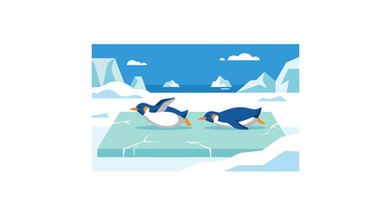 Two Penguins on Ice Floe Flat Design Vector Illustration © Mangnu