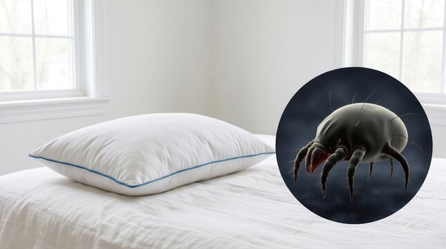 White pillows on a bed with visible dust mites; home interior, close-up. Hygiene issue, bedroom detail, need for cleaning, allergy risk.