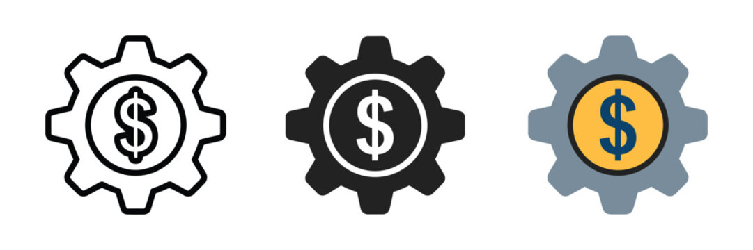 Financial optimization and management icon featuring a mechanical gear with a dollar sign, clean vector illustration for finance, automation, business, and investment systems.