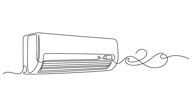 Minimalist continuous line drawing of a wall mounted air conditioning unit to represent home climate control and energy efficient cooling solutions.