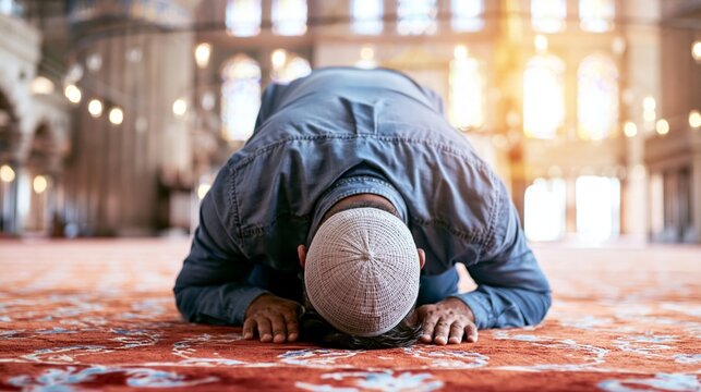 Muslim man praying in sujood position inside a mosque, showing devotion and spiritual connection