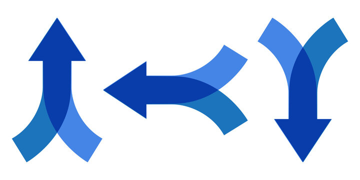 Set of three blue arrows with overlapping segments depicting merge or split directions isolated on transparent grid background.