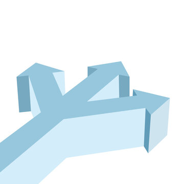 Three way split blue arrow showing diversion and multiple choices for decision making in corporate strategy and path navigation.