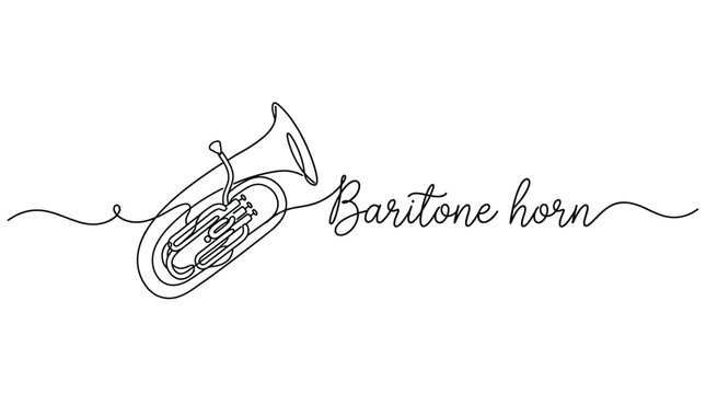 Continuous single line drawing of a brass baritone horn with musical instrument text in elegant calligraphy style for music concept designs.