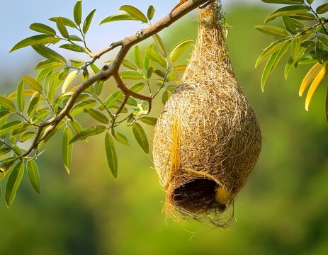 baya weaver bird s nest hanging on tree branch stock photo
