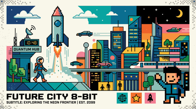 A colorful pixel art illustration of a futuristic city with a rocket launching