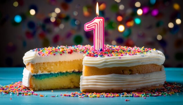 vibrant candle lying beside a sliced vanilla frosted sheet cake adorned with colorful sprinkles and a single lit first birthday candle