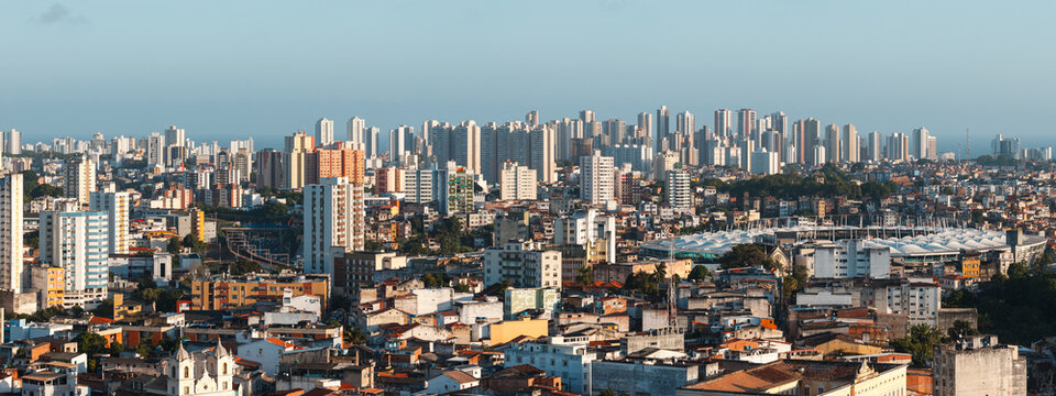Aerial panorama over the rooftops of the historic city, Salvador, Bahia, Brazil