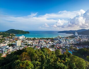 Naklejka premium view over patong phuket and patong beach thailand phuket patong viewpoint with ocean view patong beach aerial view