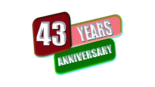 43 Years Anniversary Celebration 3D Text Animation, Colorful Milestone Badge on White Background, Business Anniversary Motion Graphic 4K.