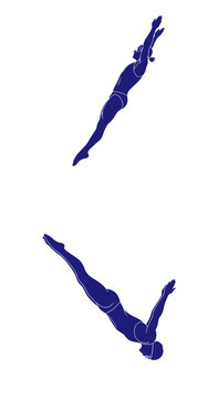 Two divers in blue silhouette mid-air, performing synchronized dive, isolated on white background