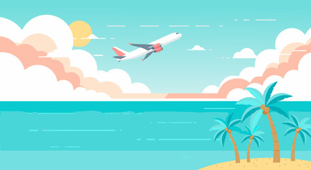 Tropical Beach Travel Vector Illustration Design Featuring An Airplane Flying Over The Ocean For Summer Vacation Concept Art 39 © Life Studio